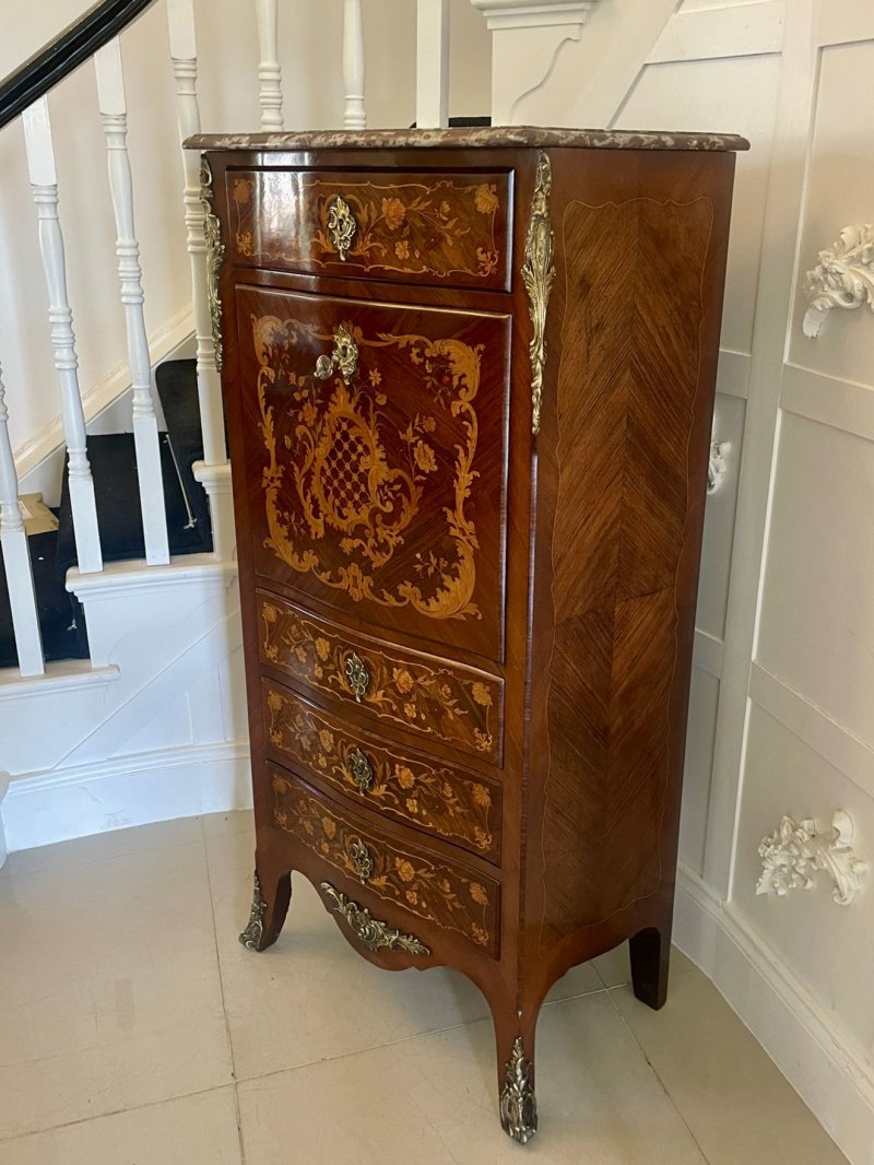 Antique Victorian French Quality Kingwood Marquetry Inlaid Marble Top Bombe Shaped Secretaire Chest - Image 3